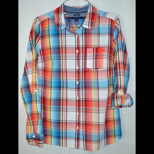 Tommy Hilfiger Classic Fit Blouse Multi-Color Plaid Cotton LS-Roll Tab Women's M